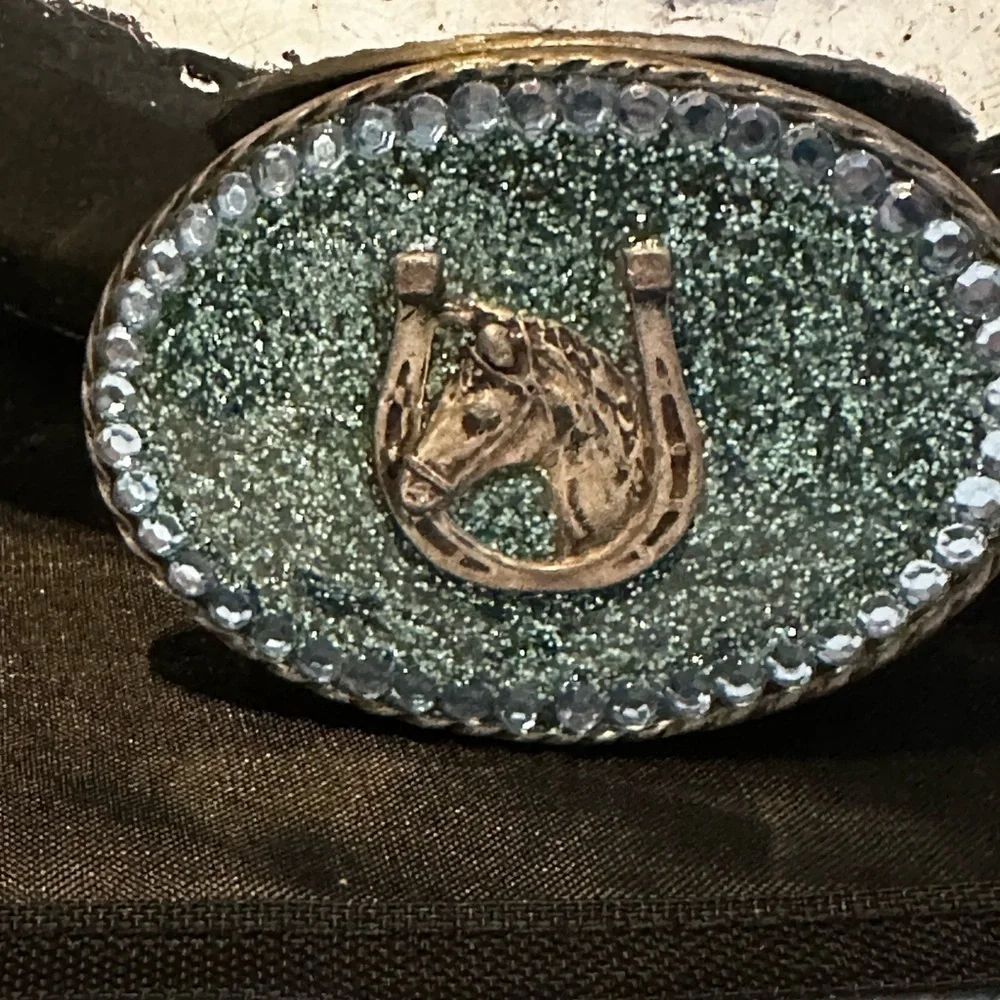 Rubyrudi Artist Western Belt Buckle Hand Crafted OOAK Blue Glitter Glass Rugged